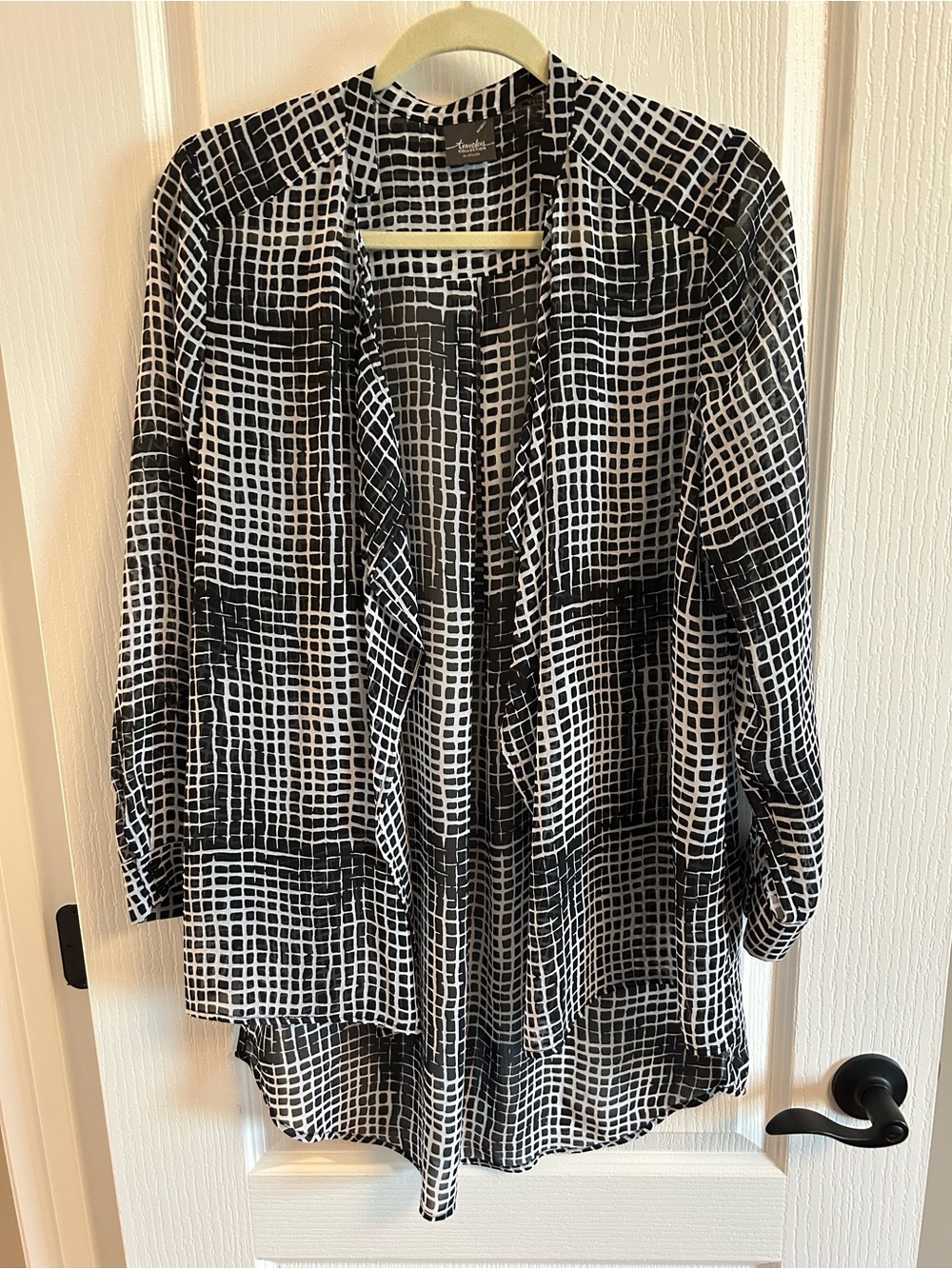 Lightweight Open-Front Grid Print Cardigan - Black/White - Picture 1 of 5